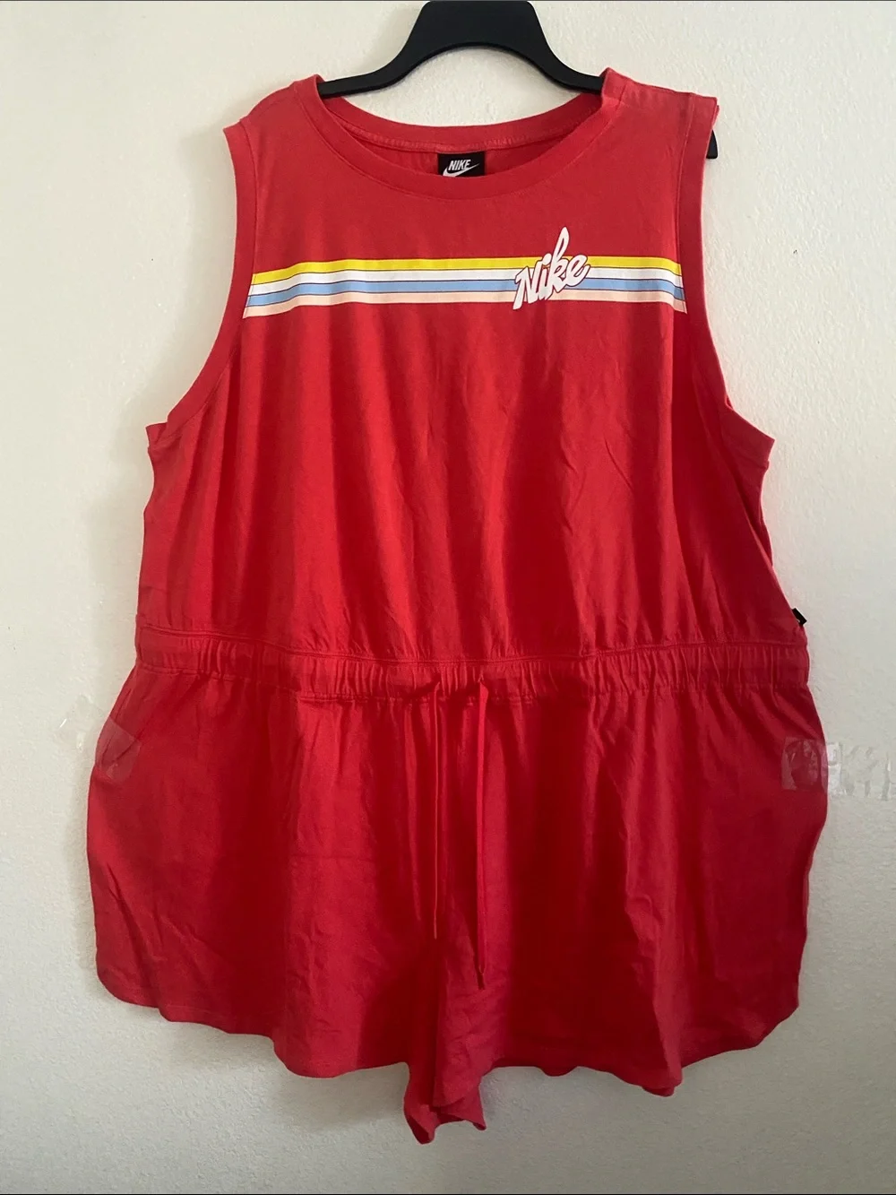 Nike Red Sleeveless Tie-Waist Romper with Multicolor Stripe